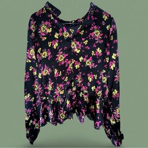 Scoop Black Floral Peplum Blouse M | Stretch Top Pink Yellow Flowers